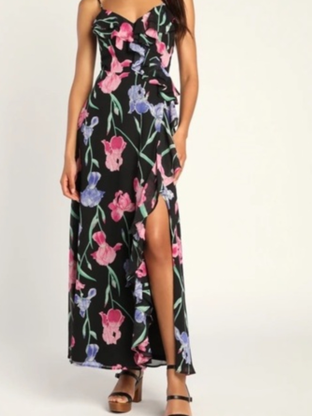 Lulu's Black Floral Maxi Dress with Pink & Purple Blooms